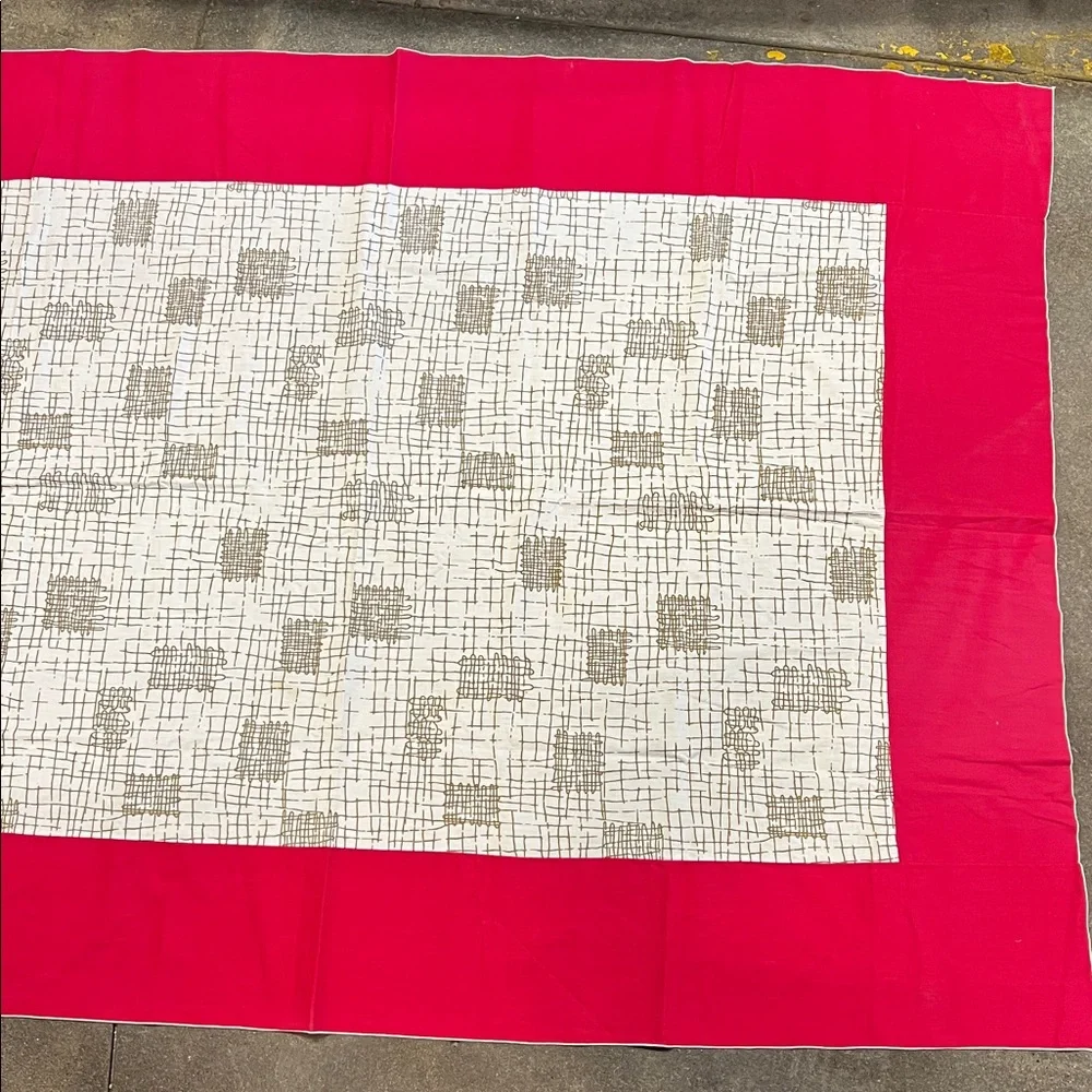 Vintage Tablecloth red 9” edge with cream & soft faded metallic insert